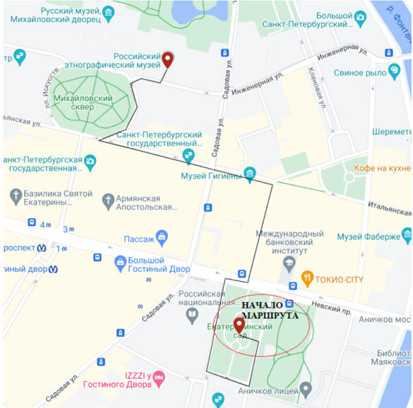 Схема пешеходного маршрута экскурсии «Архитектурный код. Музей и город» в Российском этнографическом музее